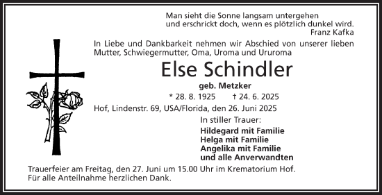 Traueranzeige von Else Schindler von Frankenpost