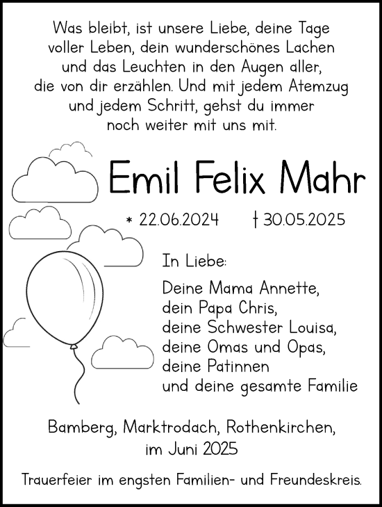 Traueranzeige von Emil Felix Mahr von Neue Presse Coburg