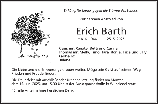 Traueranzeige von Erich Barth von Frankenpost