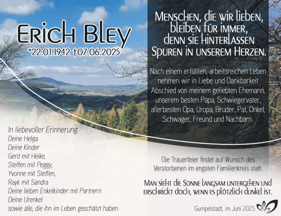 Traueranzeige von Erich Bley von Südthüringer Presse