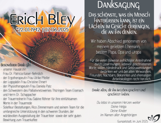 Traueranzeige von Erich Bley von Südthüringer Presse