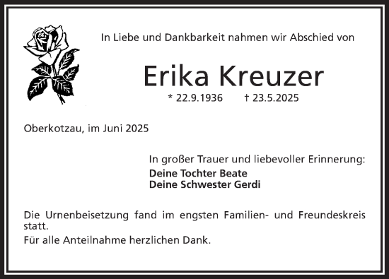 Traueranzeige von Erika Kreuzer von Frankenpost