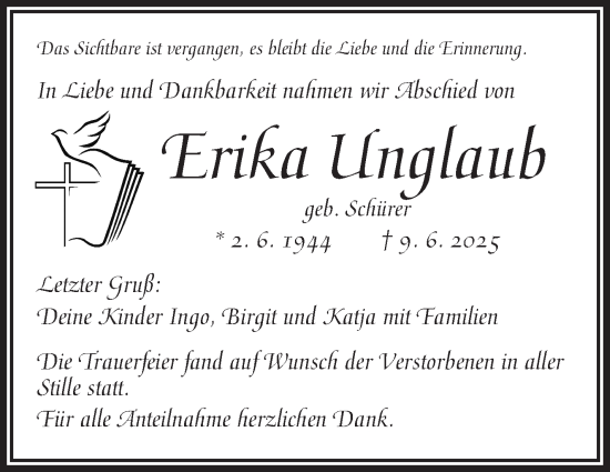 Traueranzeige von Erika Unglaub von Frankenpost