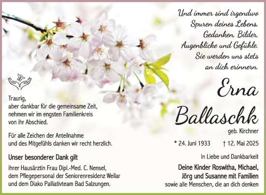 Traueranzeige von Erna Ballaschk von Südthüringer Presse