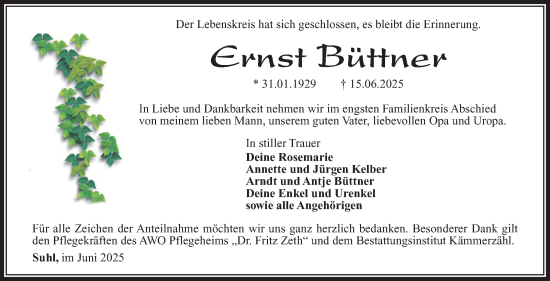 Traueranzeige von Ernst Büttner von Südthüringer Presse