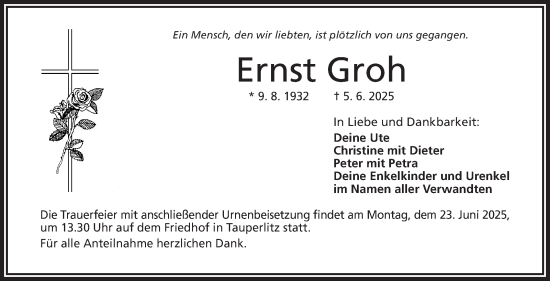 Traueranzeige von Ernst Groh von Frankenpost