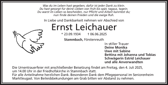 Traueranzeige von Ernst Leichauer von Frankenpost