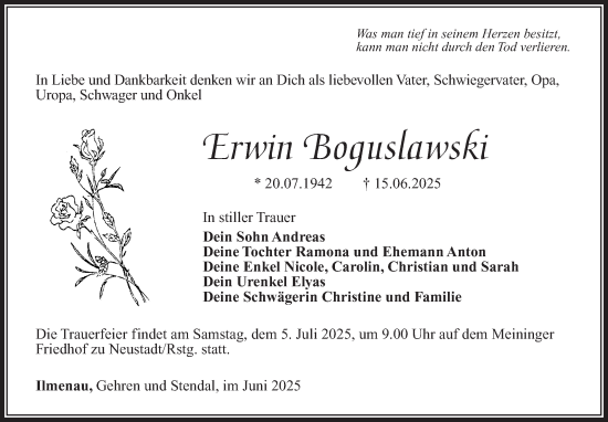 Traueranzeige von Erwin Boguslawski von Südthüringer Presse