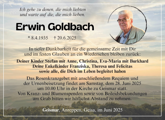 Traueranzeige von Erwin Goldbach von Südthüringer Presse