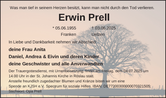 Traueranzeige von Erwin Prell von Frankenpost
