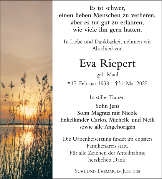 Traueranzeige von Eva Riepert von Südthüringer Presse