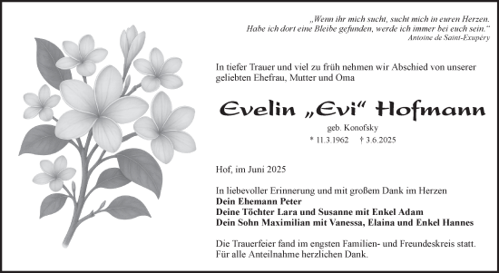 Traueranzeige von Evelin Hofmann von Frankenpost