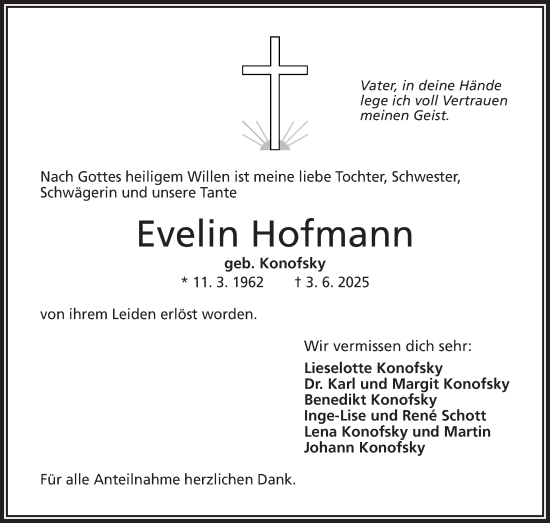 Traueranzeige von Evelin Hofmann von Frankenpost