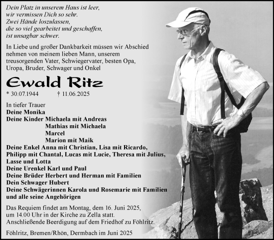 Traueranzeige von Ewald Ritz von Südthüringer Presse