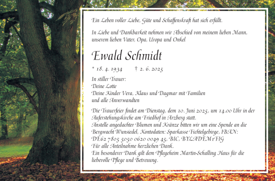 Traueranzeige von Ewald Schmidt von Frankenpost
