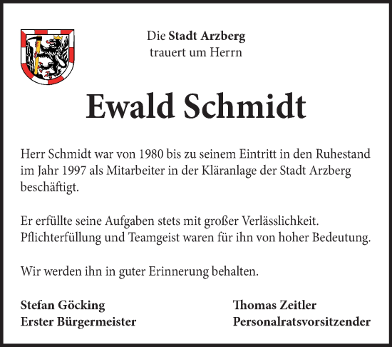 Traueranzeige von Ewald Schmidt von Frankenpost