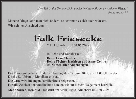 Traueranzeige von Falk Friesecke von Südthüringer Presse