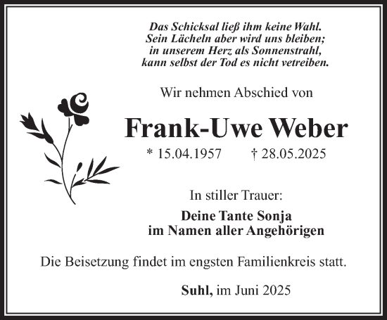 Traueranzeige von Frank-Uwe Weber von Südthüringer Presse