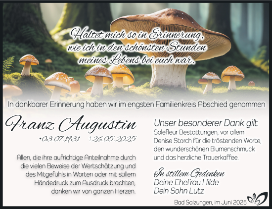 Traueranzeige von Franz Augustin von Südthüringer Presse
