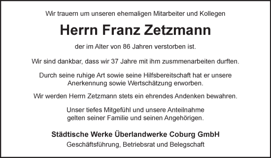 Traueranzeige von Franz Zetzmann von Neue Presse Coburg