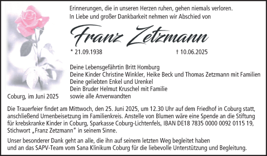 Traueranzeige von Franz Zetzmann von Neue Presse Coburg