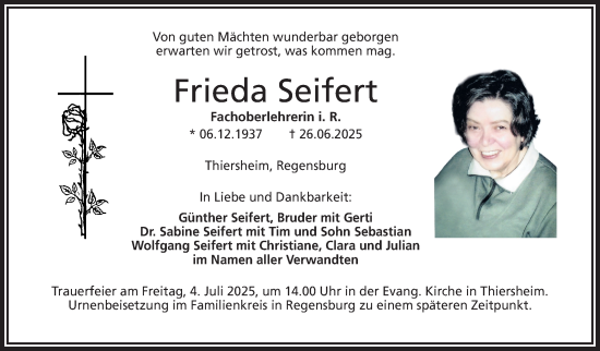Traueranzeige von Frieda Seifert von Frankenpost