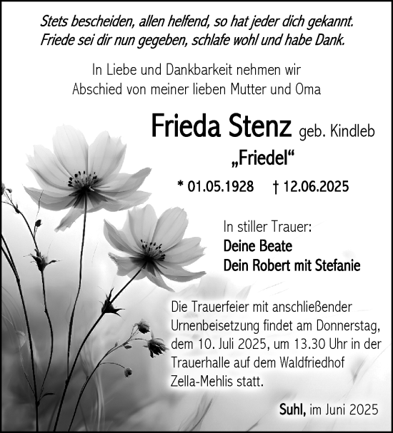 Traueranzeige von Frieda Stenz von Südthüringer Presse