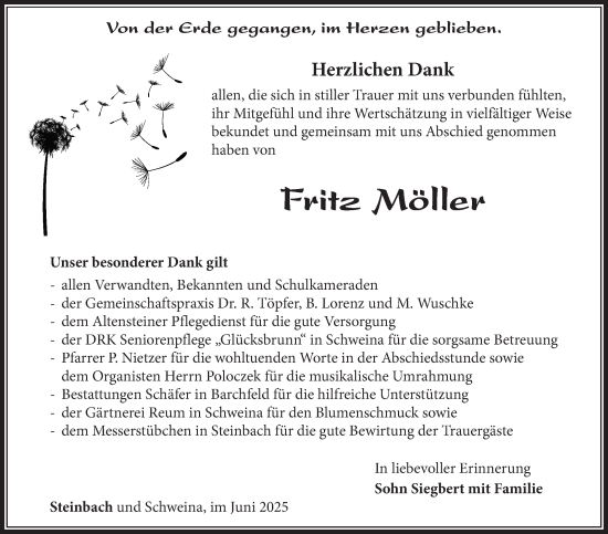 Traueranzeige von Fritz Möller von Südthüringer Presse