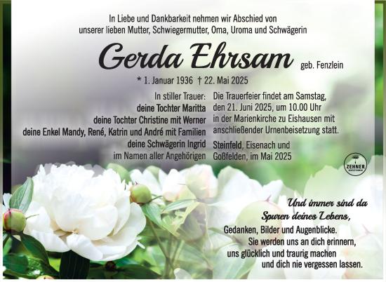 Traueranzeige von Gerda Ehrsam von Südthüringer Presse