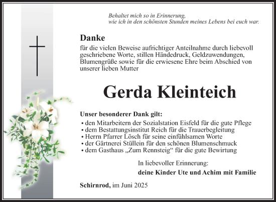 Traueranzeige von Gerda Kleinteich von Südthüringer Presse