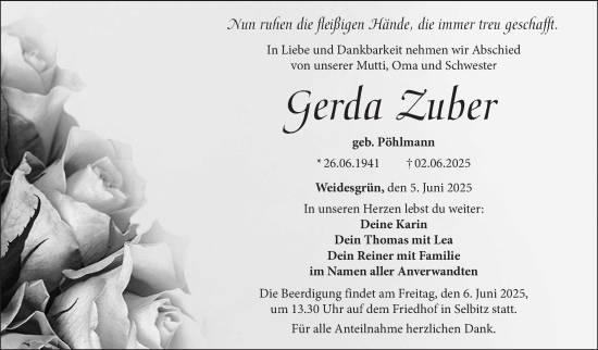 Traueranzeige von Gerda Zuber von Frankenpost