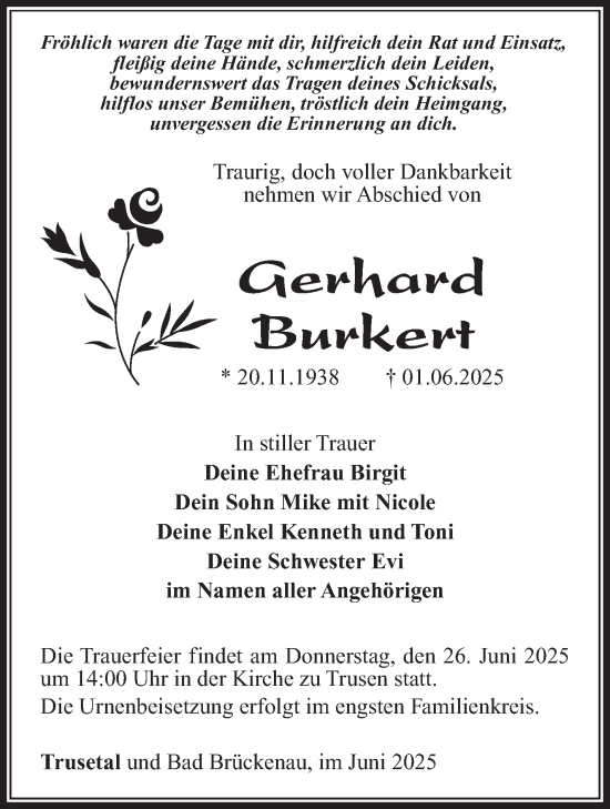 Traueranzeige von Gerhard Burkert von Südthüringer Presse