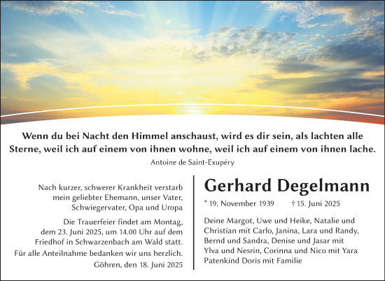 Traueranzeige von Gerhard Degelmann von Frankenpost