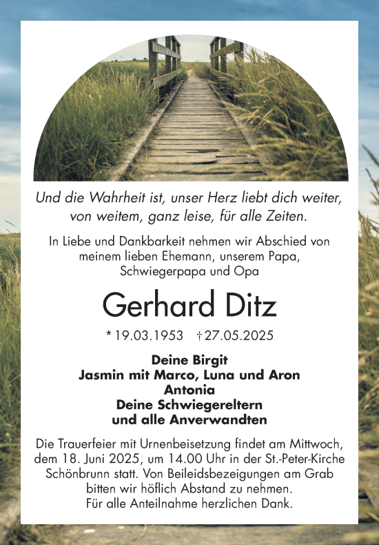 Traueranzeige von Gerhard Ditz von Frankenpost