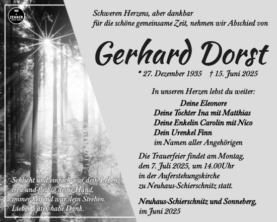 Traueranzeige von Gerhard Dorst von Südthüringer Presse