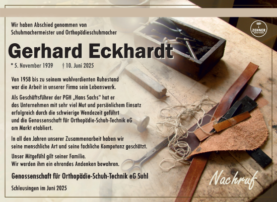 Traueranzeige von Gerhard Eckhardt von Südthüringer Presse