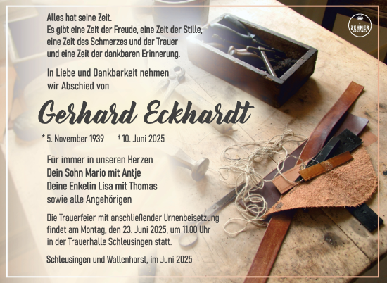 Traueranzeige von Gerhard Eckhardt von Südthüringer Presse