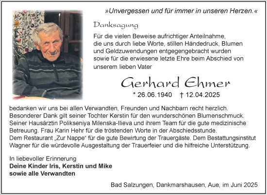 Traueranzeige von Gerhard Ehmer von Südthüringer Presse