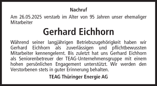 Traueranzeige von Gerhard Eichhorn von Südthüringer Presse