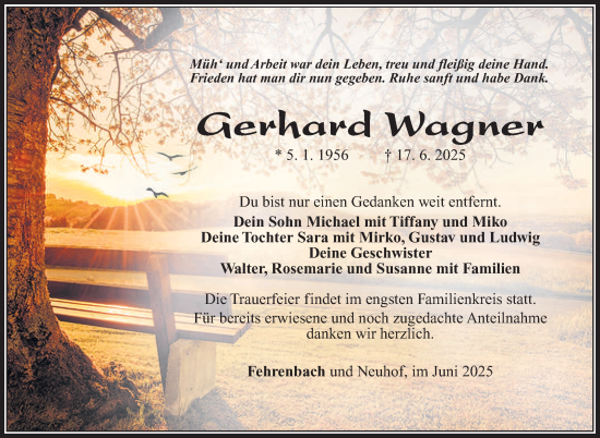 Traueranzeige von Gerhard Wagner von Südthüringer Presse