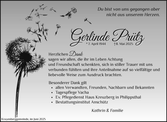 Traueranzeige von Gerlinde Prütz von Südthüringer Presse