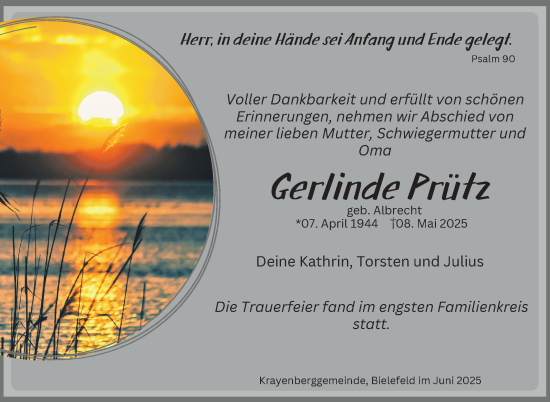 Traueranzeige von Gerlinde Prütz von Südthüringer Presse