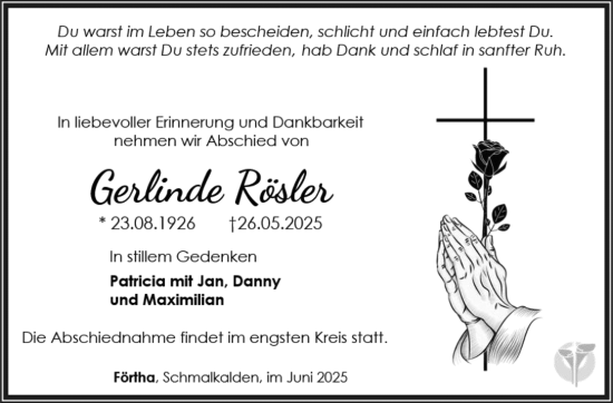 Traueranzeige von Gerlinde Rösler von Südthüringer Presse
