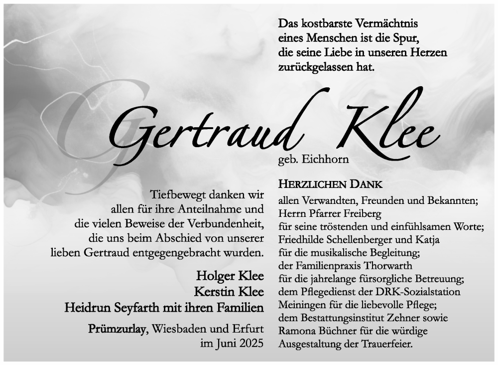  Traueranzeige für Gertraud Klee vom 07.06.2025 aus Südthüringer Presse