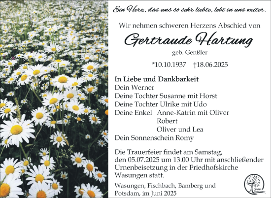 Traueranzeige von Gertraude Hartung von Südthüringer Presse