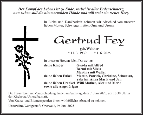 Traueranzeige von Gertrud Fey von Südthüringer Presse