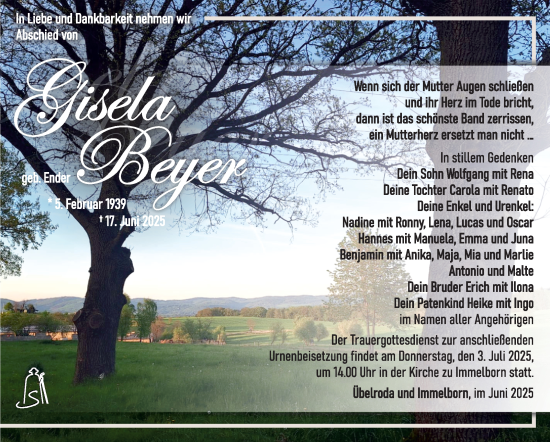 Traueranzeige von Gisela Beyer von Südthüringer Presse