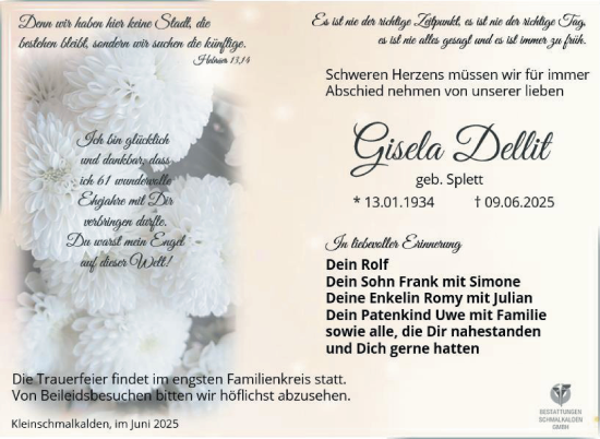 Traueranzeige von Gisela Dellit von Südthüringer Presse
