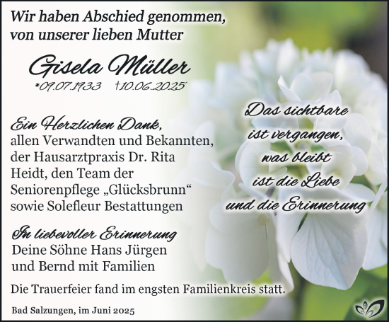 Traueranzeige von Gisela Müller von Südthüringer Presse