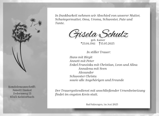 Traueranzeige von Gisela Schulz von Südthüringer Presse